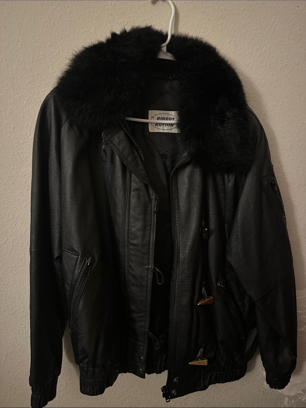 Vintage Black  Leather Bomber Jacket with removable possum fur collar size med